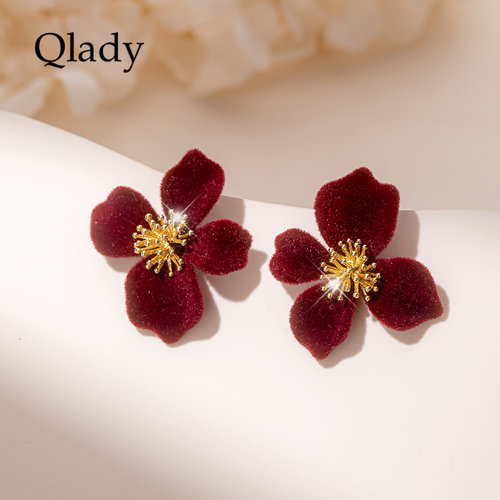 红色耳钉纯银气质丝绒女