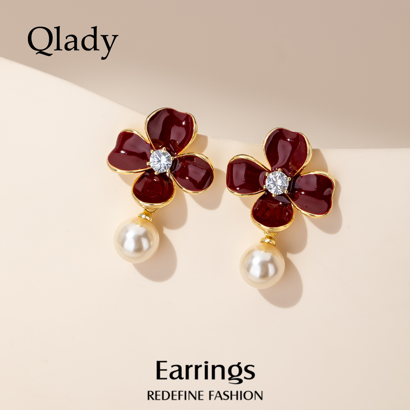 【新品】花朵红色耳饰女仿珍珠银耳钉耳环2025新款爆款高级感耳坠