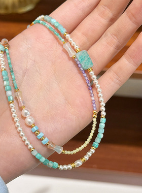 时尚简约百搭多巴胺天然石串珠项链轻奢小众气质高级感叠戴锁骨