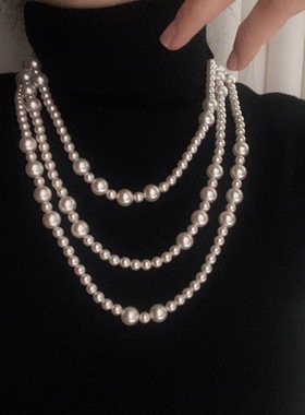 新款仿施家高亮正圆珍珠毛衣链女高级感长款时尚百搭轻奢多层