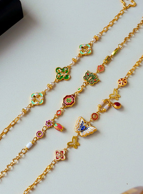 原创新中式多巴胺轻奢四叶草蝴蝶滴油手链高级感精致气质复古