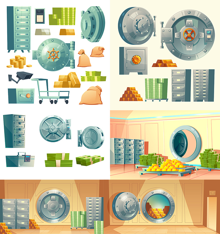 保险库插画 卡通金库防火防磁保险柜财库海报 AI格式矢量设计素材