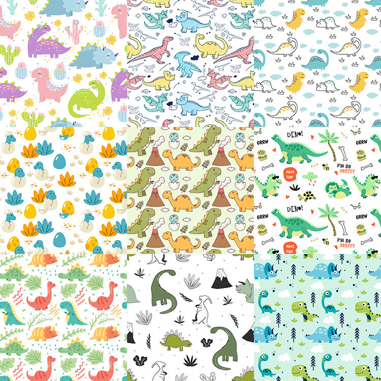 恐龙背景 扁平化可爱卡通霸王龙无缝拼接底纹 AI格式矢量设计素材