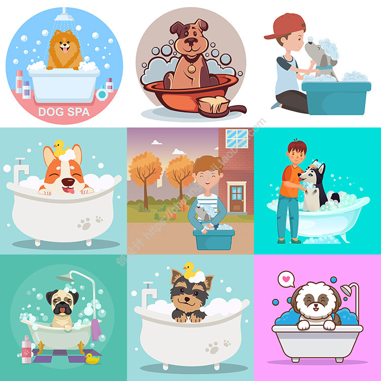 小狗洗澡插画 扁平化卡通宠物泡澡清洁背景 ai格式矢量设计素材