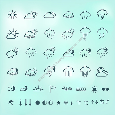线描天气小图标 气象气候晴多云雷雨下雪icon AI格式矢量设计素材