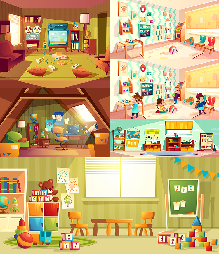 儿童房间插画 卡通温馨小孩子房间布置设计 ai格式矢量设计素材
