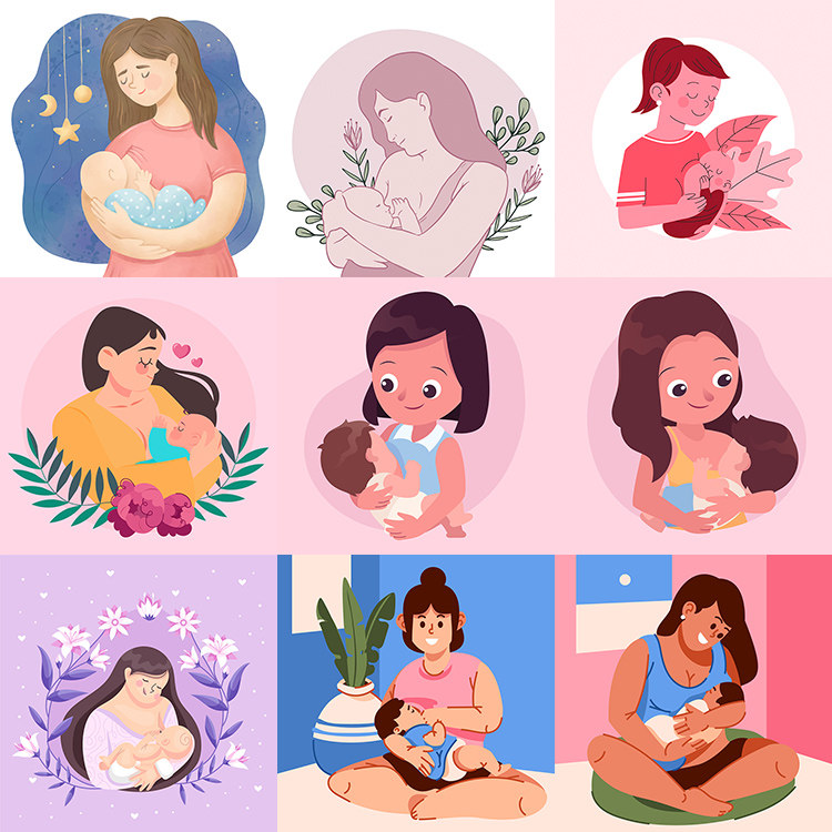 哺乳婴儿插画 扁平化卡通母亲喂养婴儿海报 ai格式矢量设计素材