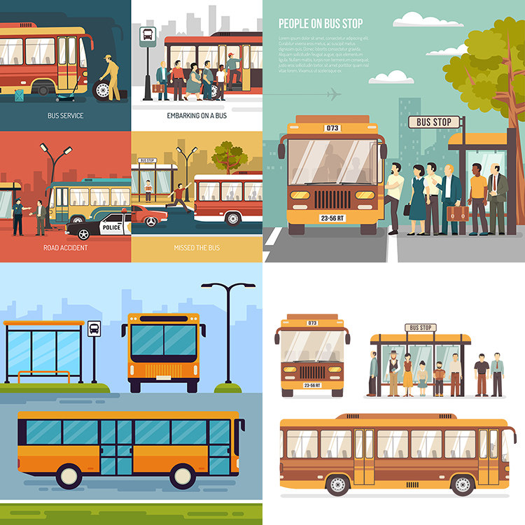 公交站插画 城市交通运输公车站台乘客候车 ai格式矢量设计素材