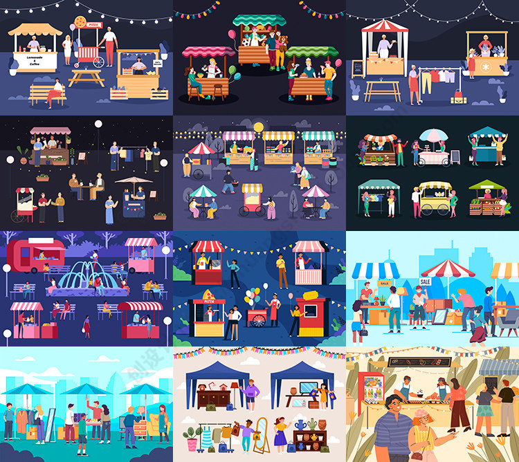 摆地摊插画 扁平化卡通夜市路边摊位人物场景 ai格式矢量设计素材