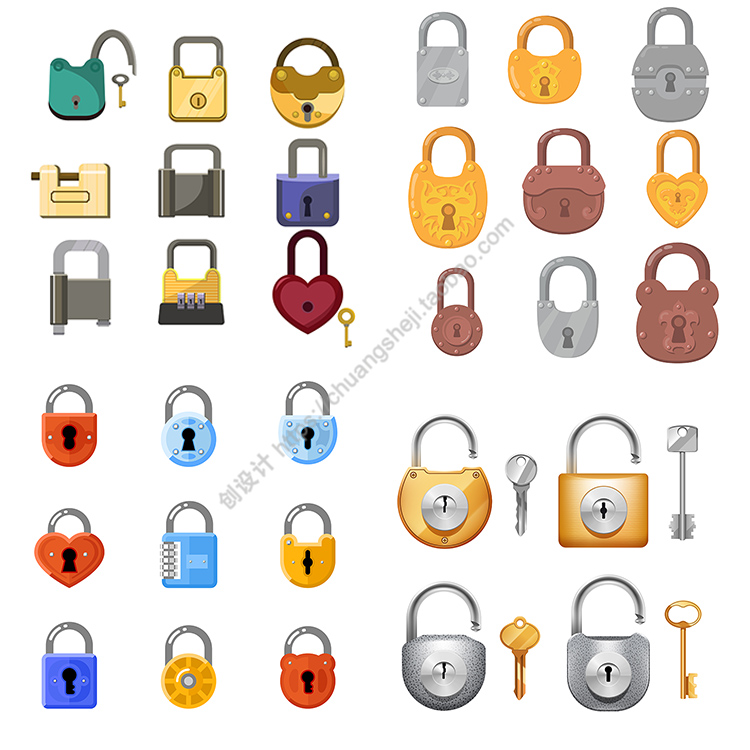 锁头图标 多款门锁金属锁钥匙样式 非实物 ai格式矢量设计素材