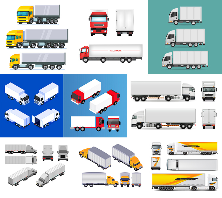卡车 卡通交通工具运输车大货车多角度视图 AI格式矢量设计素材