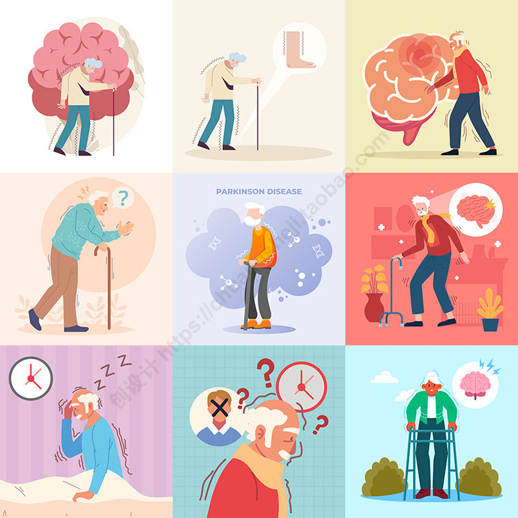 扁平化帕金森人物插画 卡通老年人病患者症状背景 ai格式矢量设计