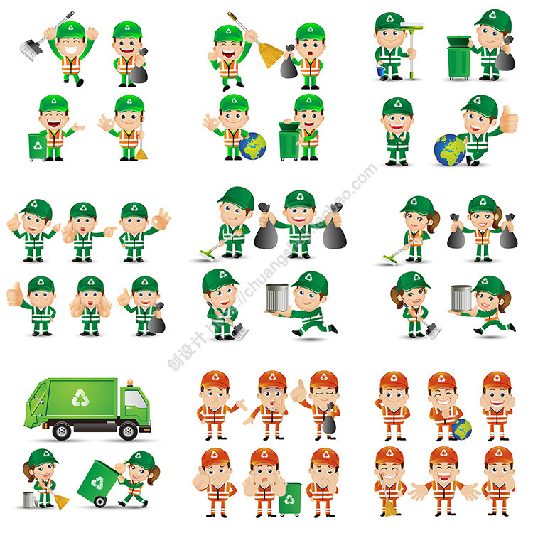 卡通环卫工人 扁平化可爱城市清洁工人物形象 ai格式矢量设计素材