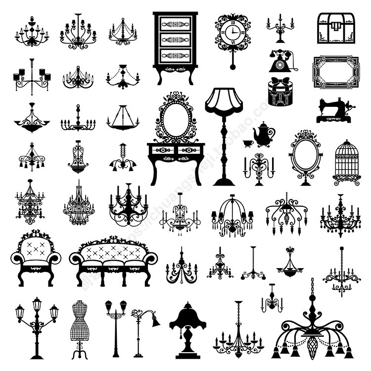 复古家具与灯饰 欧式室内吊灯沙发关柱灯剪影 AI格式矢量设计素材