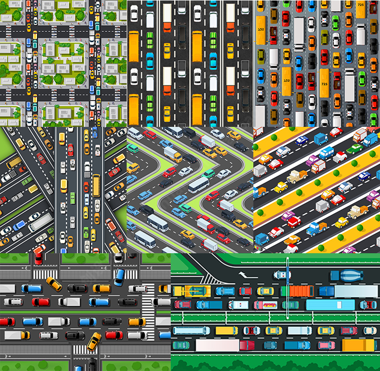 卡通道路塞车插画 公路车辆交通堵塞俯视图 ai格式矢量素设计素材