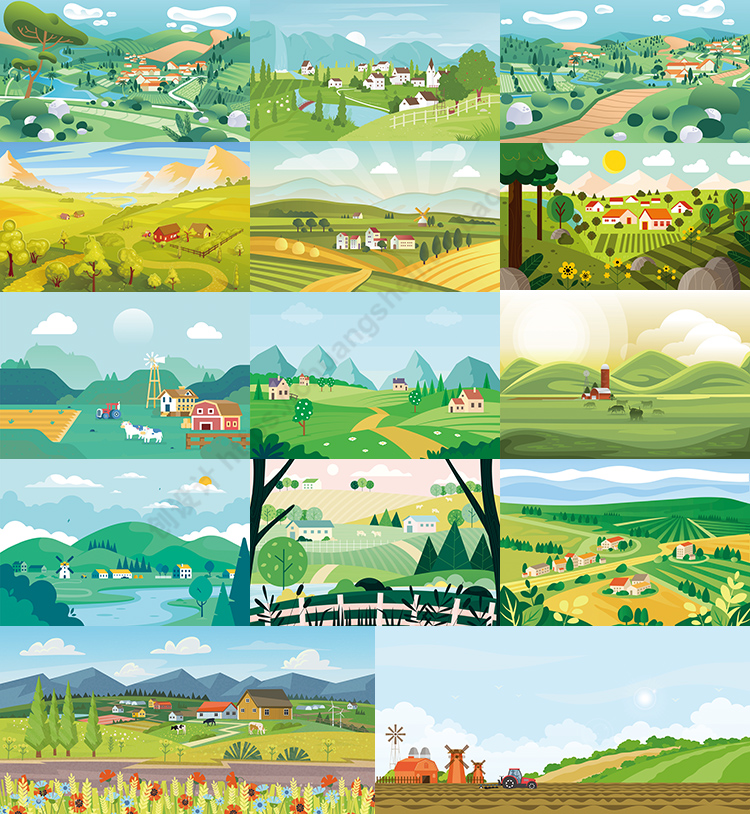 乡村田野插画 卡通振兴农村田园农场耕种背景 ai格式矢量设计素材