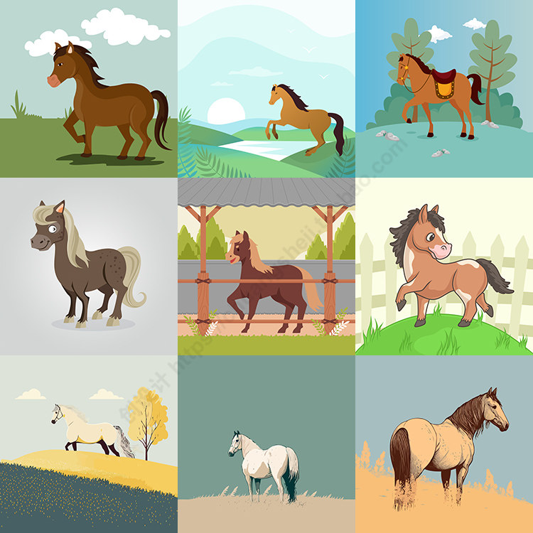 卡通马匹插画 手绘草原上的骏马可爱马儿背景 ai格式矢量设计素材