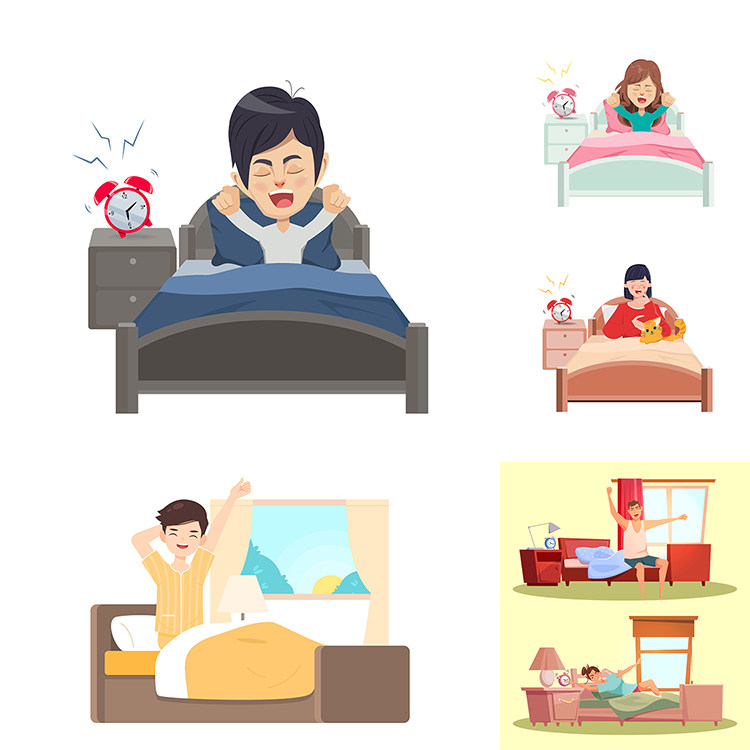 起床人物插画 早上早晨早起伸懒腰卡通场景 ai格式矢量设计素材