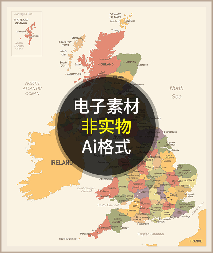 复古英国地图英文简单版块地图非实物地图 AI格式矢量设计素材