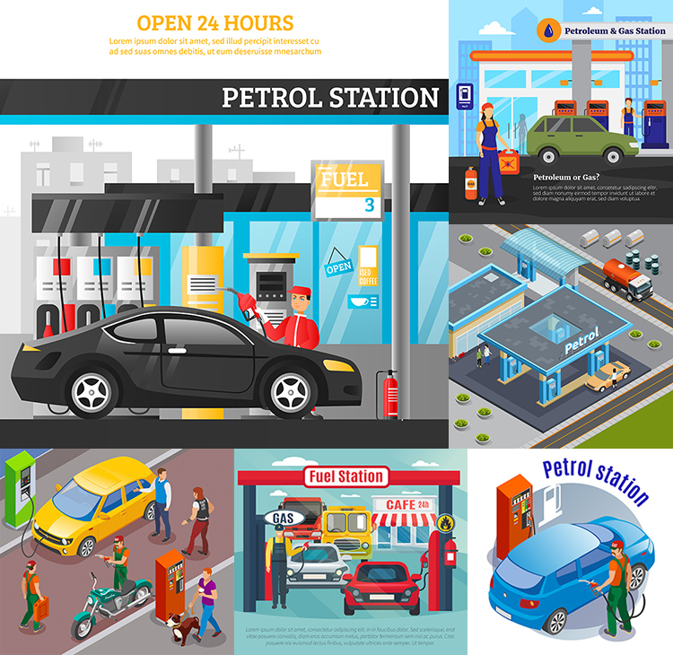 加油站汽车加油插画 扁平化卡通加汽油场景 ai格式矢量设计素材