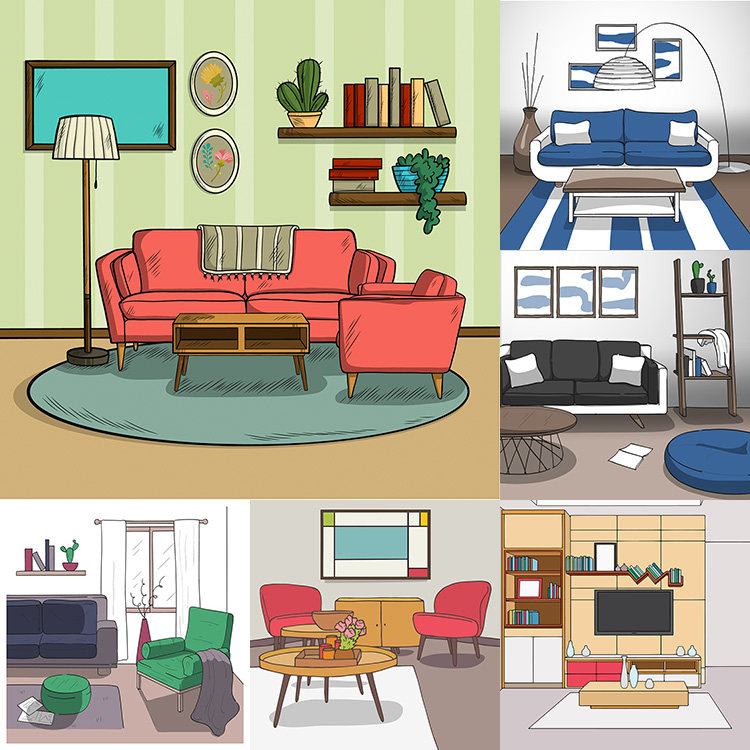 现代化风格手绘客厅 扁平化卡通室内家居装修插画 ai矢量设计素材