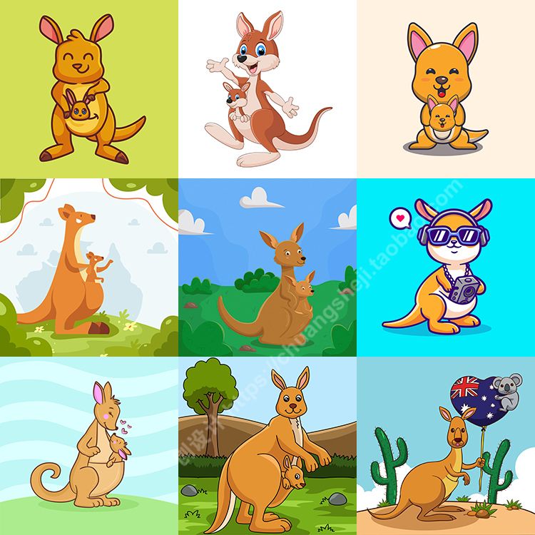 卡通袋鼠插画 9款扁平化可爱动物形象背景 ai格式矢量设计素材