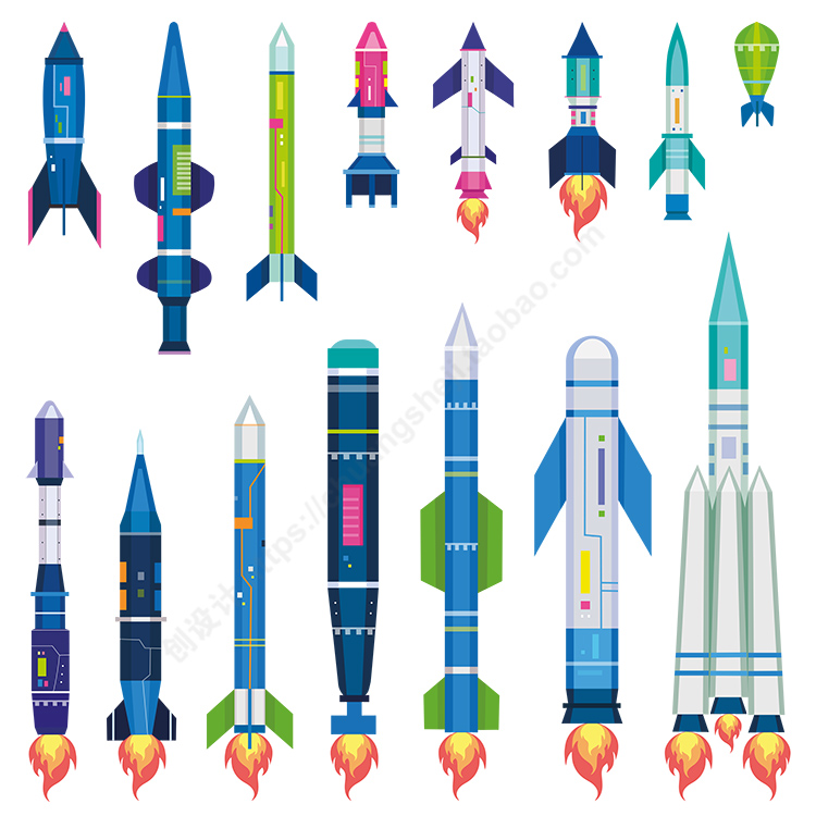 卡通彩色火箭 扁平化发动机喷射发射插画 ai格式矢量设计素材