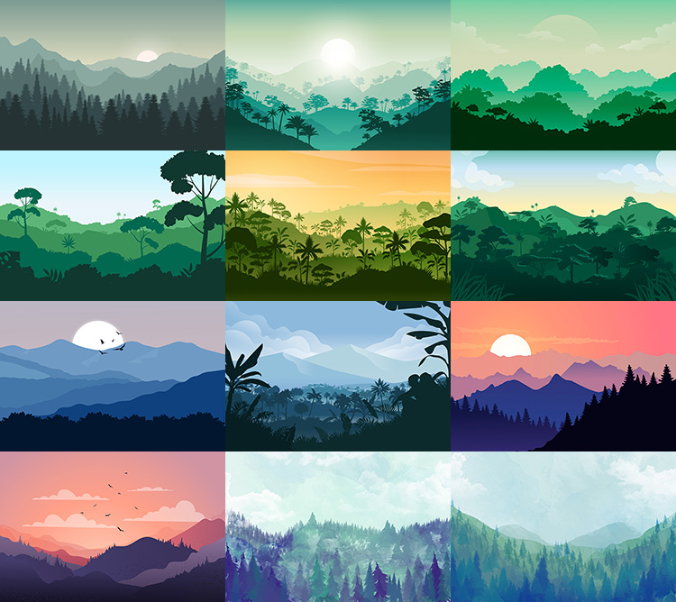 原始森林背景 彩绘树林风景山谷日落风光海报 ai格式矢量设计素材