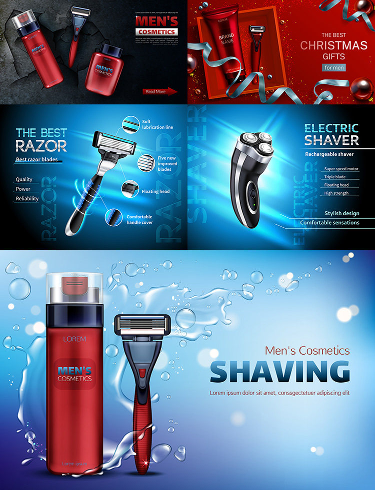 剃须刀海报 手动电动胡须刀泡沫膏宣传广告 eps格式矢量设计素材