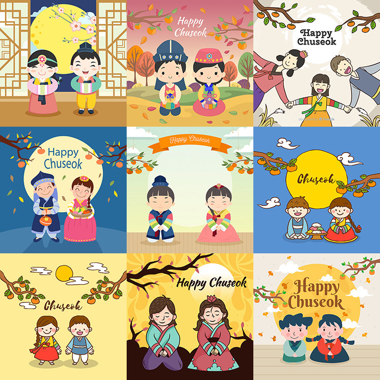 韩国秋夕节海报ai矢量素材 韩服卡通人物韩风中秋节背景 设计素材