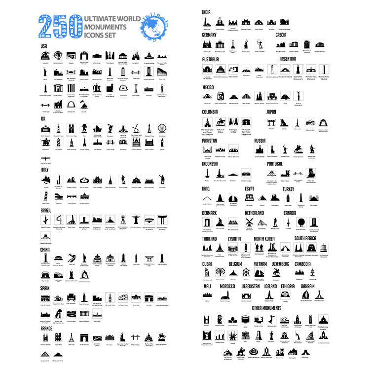 250个世界标志性建筑图标 城市地标建筑剪影 AI格式矢量设计素材
