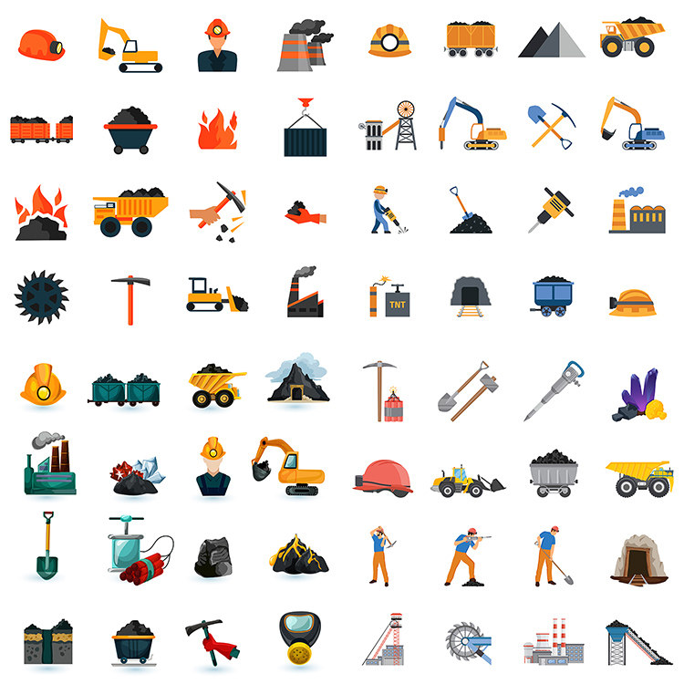 煤矿元素图标 挖矿工具矿工煤车运煤挖掘机 ai格式矢量设计素材