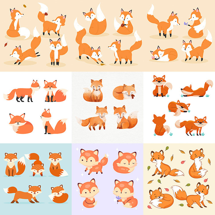 卡通狐狸 可爱动物红狐赤狐小狐狸形象姿态 ai格式矢量设计素材