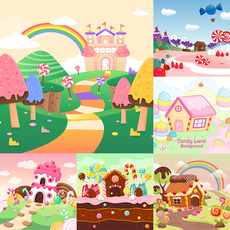 糖果屋 卡通梦幻城堡甜品房子插画海报背景 ai格式矢量设计素材