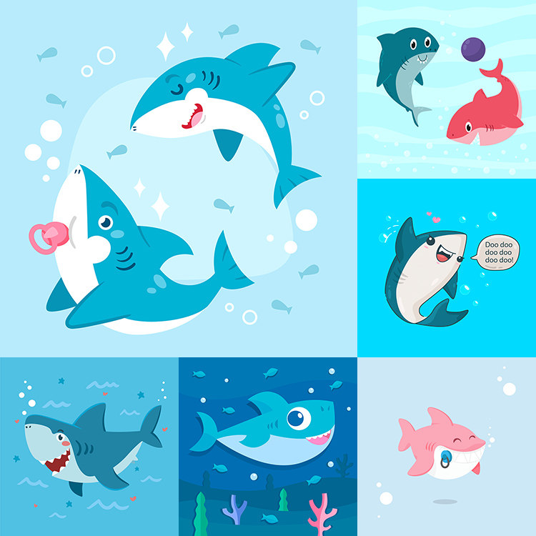 卡通鲨鱼海报 扁平化可爱海底生物形象插画 ai格式矢量设计素材
