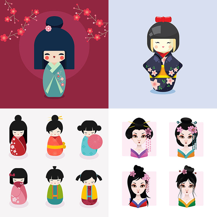 卡通和服人物 日本民族服饰艺伎形象女孩 ai格式矢量设计素材