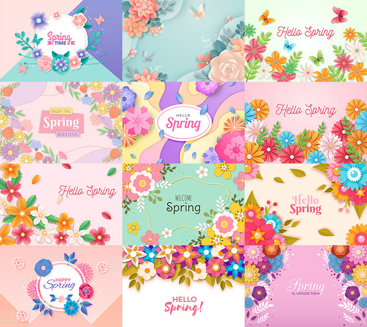 春天立体花卉背景 清新梦幻多彩花朵海报背景 ai格式矢量设计素材