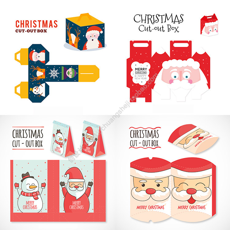 圣诞老人包装盒 卡通节日礼品盒展开效果图 AI格式矢量设计素材