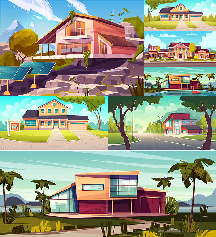 别墅插画 卡通高档住宅区楼房建筑海报背景 ai格式矢量设计素材