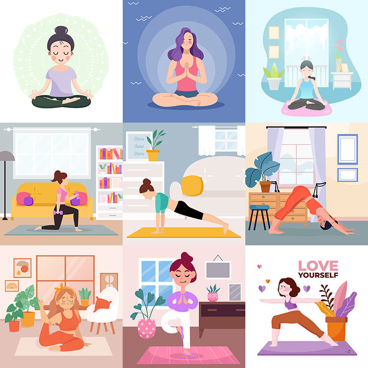 练瑜伽人物插画 扁平化卡通女性居家锻炼场景 AI格式矢量设计素材