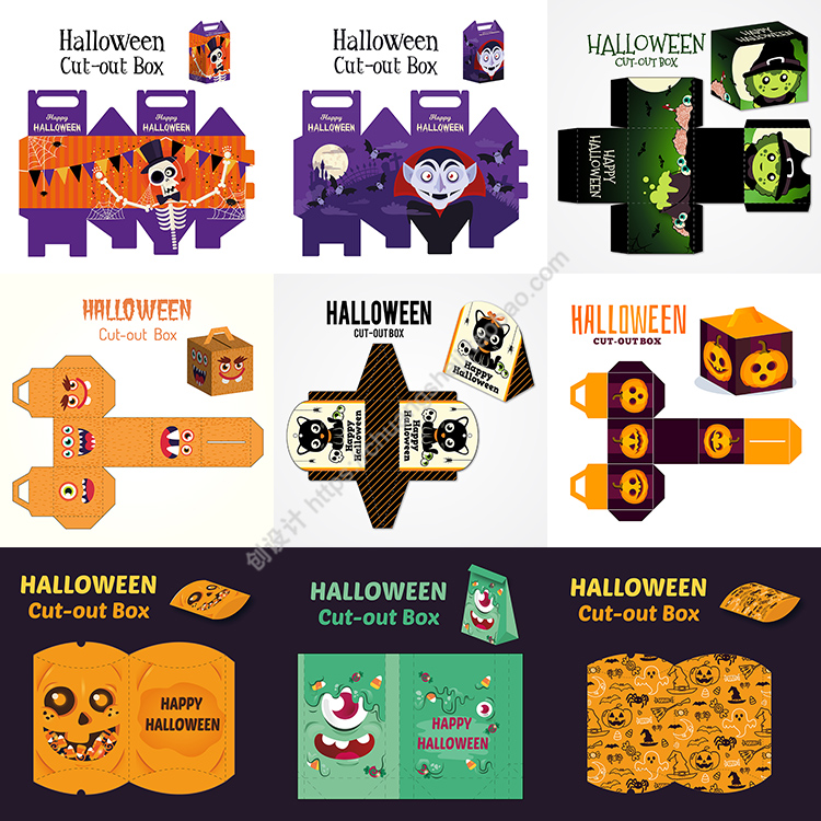 万圣节包装礼盒 卡通节日礼品盒展开效果图 AI格式矢量设计素材