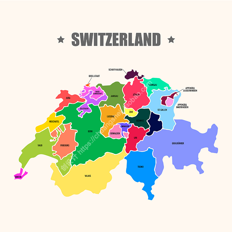 瑞士彩色地图 简单英文版国家分区图 非实物 AI格式矢量设计素材