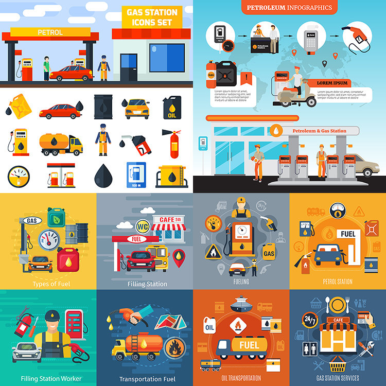 加油站插画 石油运输汽车加油计费场景海报 ai格式矢量设计素材