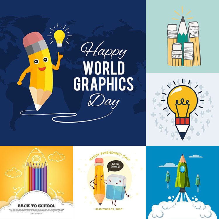 铅笔插画 扁平化创意卡通铅笔形象海报背景 AI格式矢量设计素材