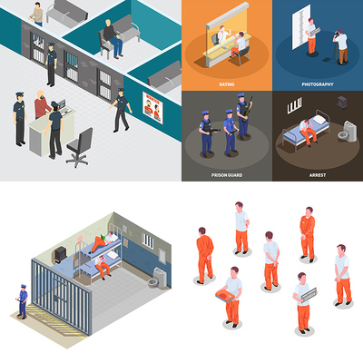 犯人插画 卡通监狱囚犯罪犯坐牢狱警人物场景 AI格式矢量设计素材