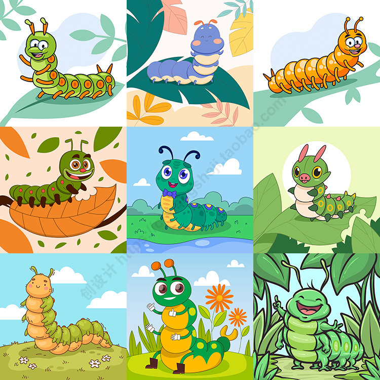 卡通毛毛虫插画 扁平化可爱昆虫动物形象背景 ai格式矢量设计素材