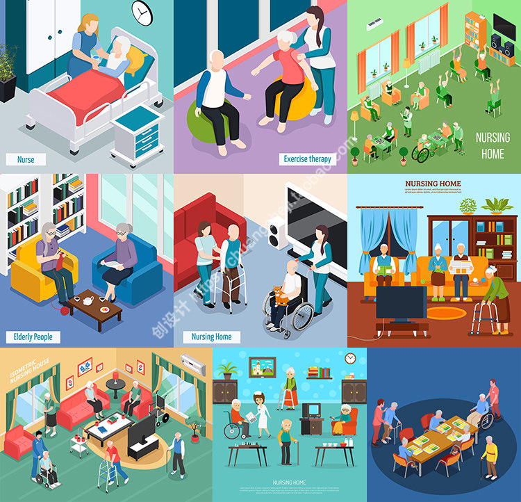 养老院人物场景图标 疗养院老人日常生活插画 ai格式矢量设计素材