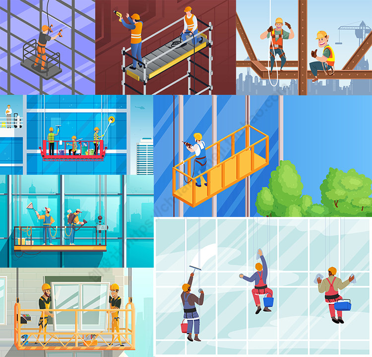 卡通高空作业插画 扁平化擦玻璃装窗户场景 ai格式矢量设计素材