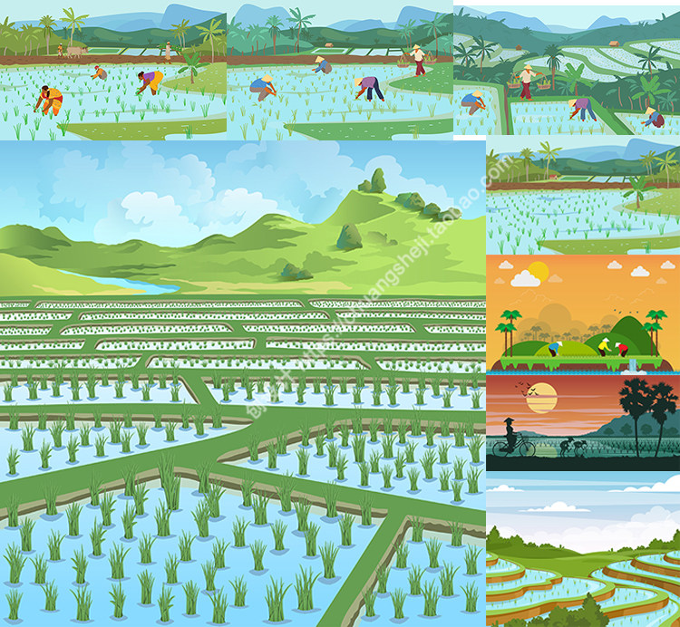 插秧场景 卡通种水稻越南风情农田农民插画 ai格式矢量设计素材