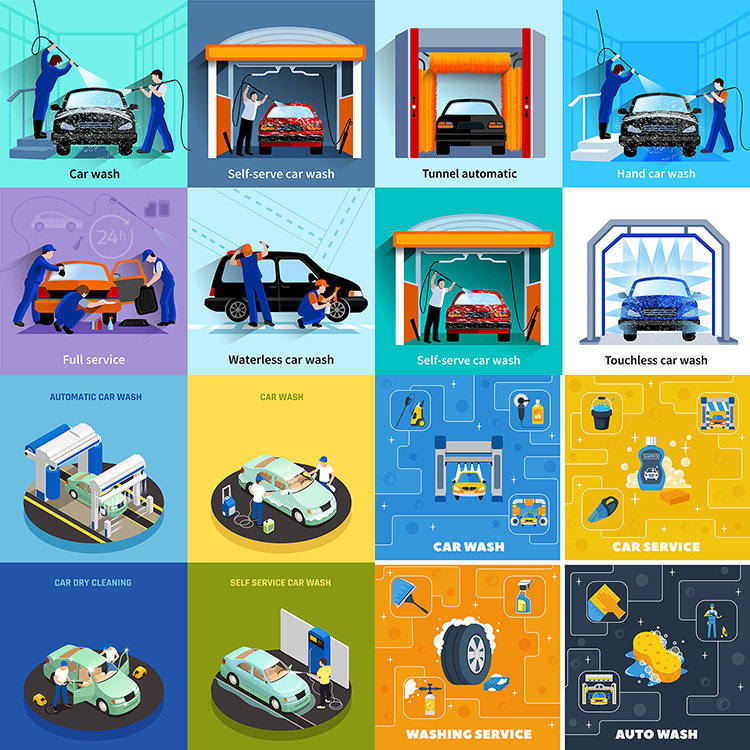 洗车中心插画 卡通自动化汽车清洗美容保养 ai格式矢量设计素材